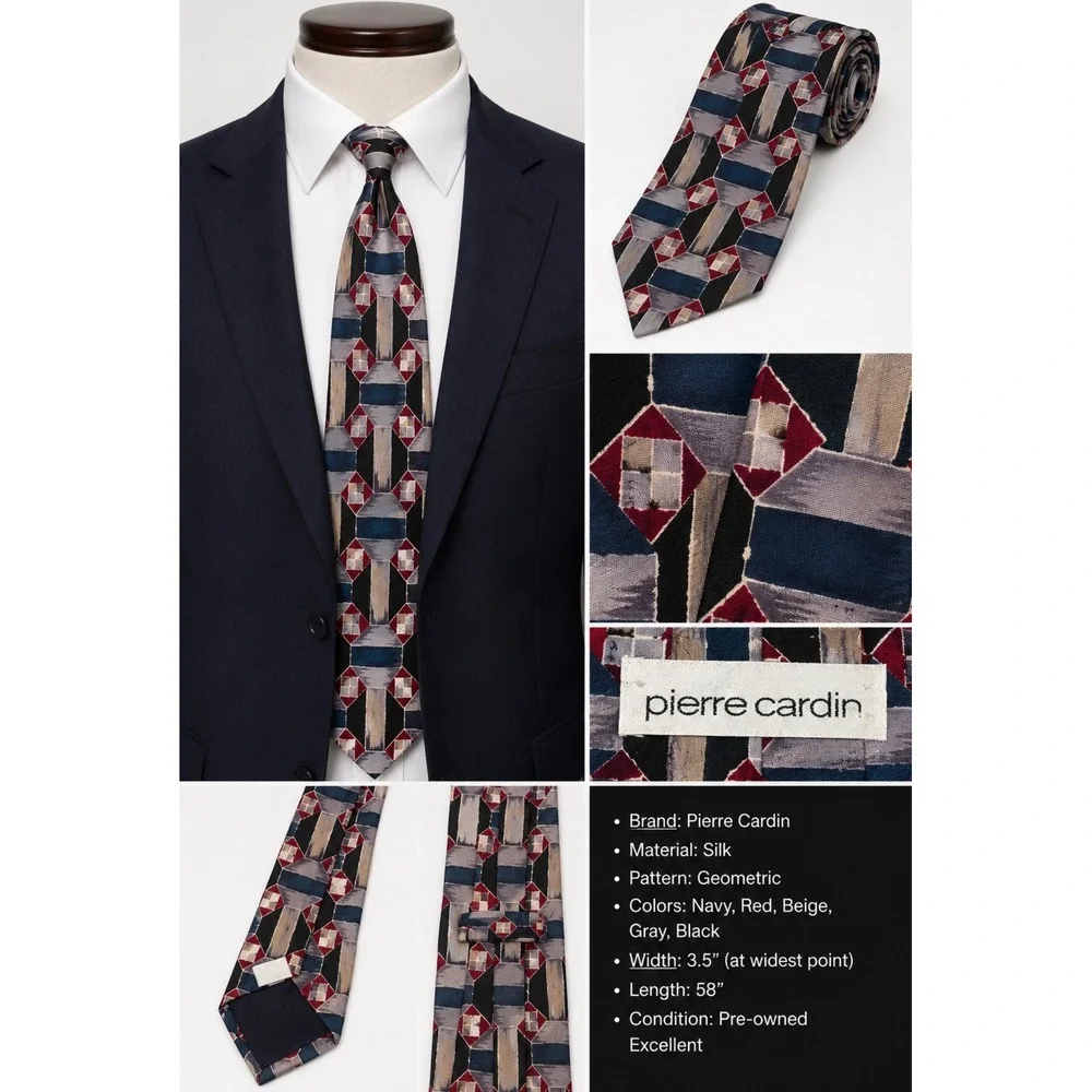 Pierre Cardin Mens Silk Tie Geometric Abstract Navy Red Gray Beige Designer